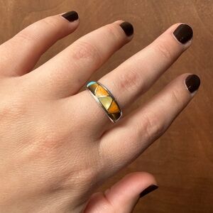 Turquoise Tigers Eye Spiny Oyster and MOP Sterling Silver Geometric Inlay Ring